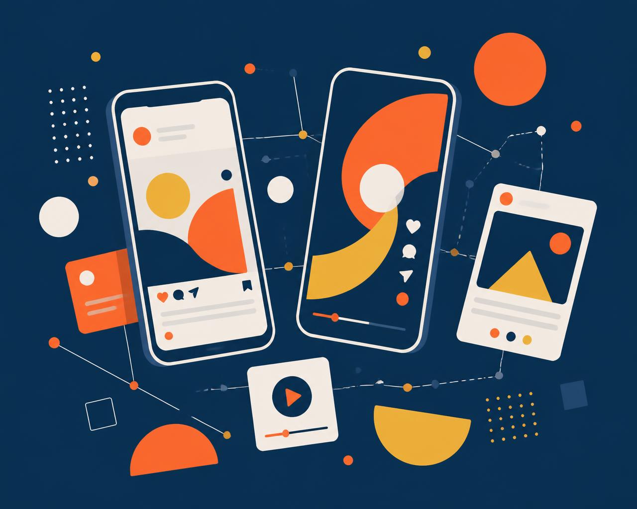 Composição abstrata com telas de celular, cards e linhas conectando elementos visuais